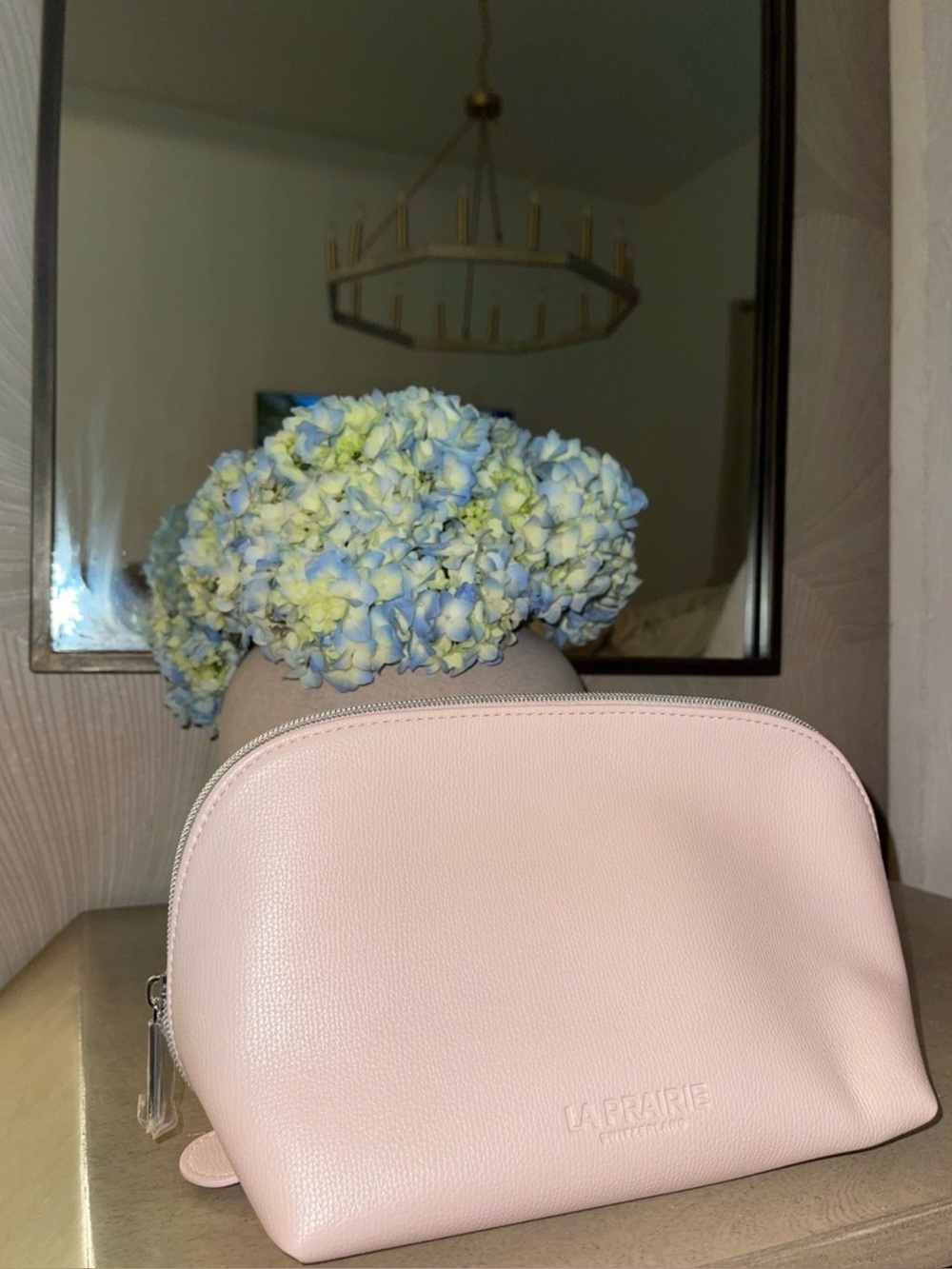 NWT La Prairie Large Pink Leather Cosmetic Pouch